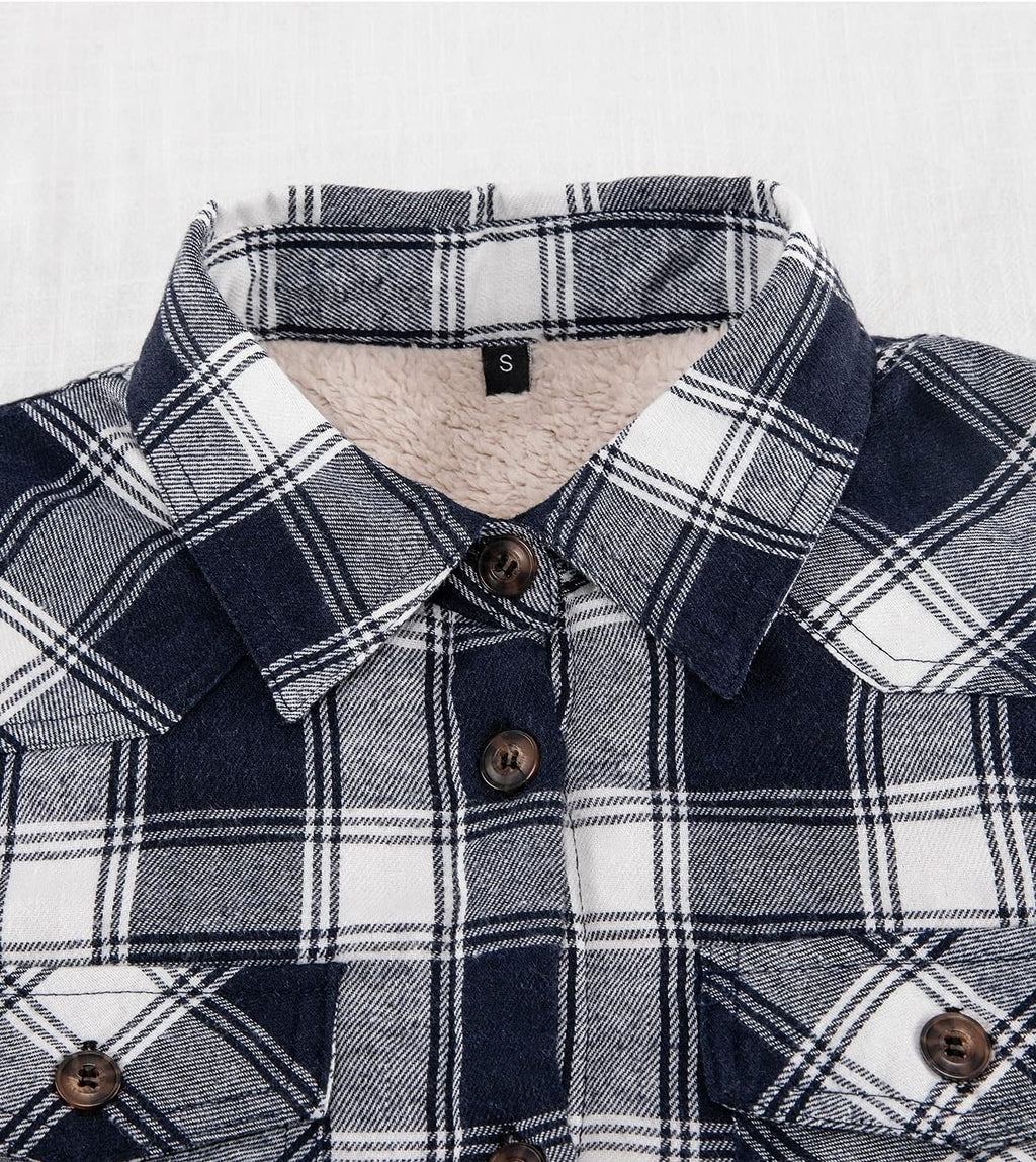 Womens Sherpa Lined Flannel Jacket with Hand Pockets, Plaid Button down Fuzzy Shirt Jackets